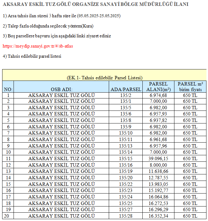 ORGANİZE SANAYİ BÖLGESİ ARSA TAHSİS İLANI
