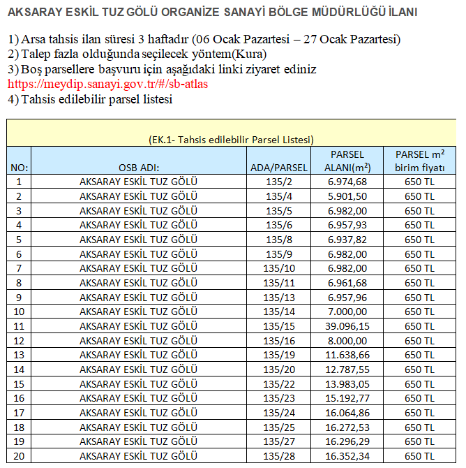 ORGANİZE SANAYİ BÖLGESİ ARSA TAHSİS İLANI 