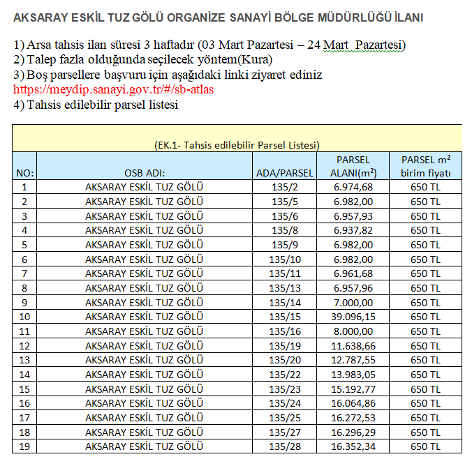 ORGANİZE SANAYİ BÖLGESİ ARSA TAHSİS İLANI