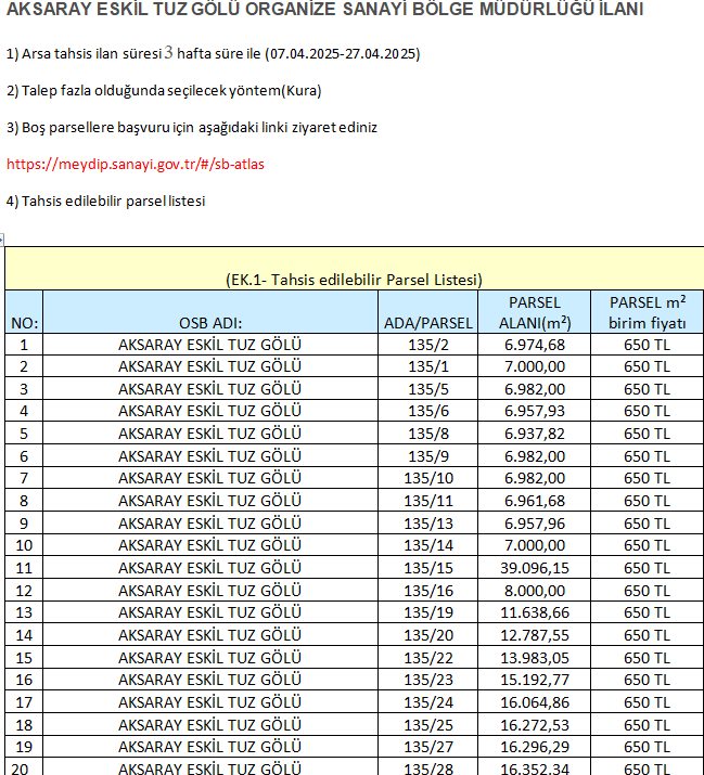 ORGANİZE SANAYİ BÖLGESİ ARSA TAHSİS İLANI