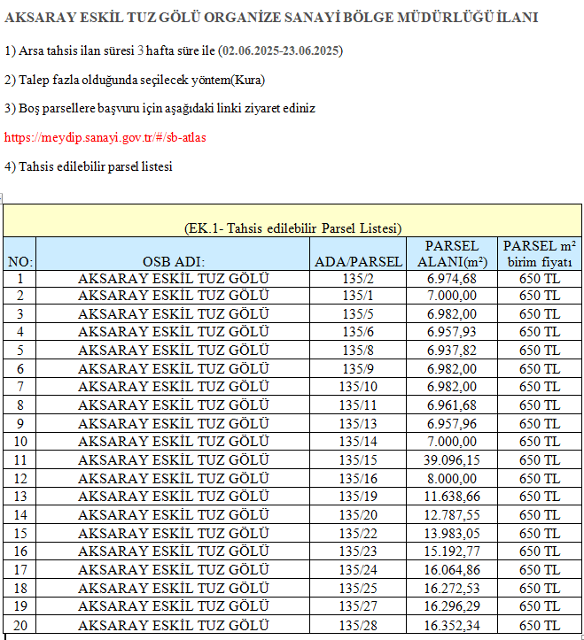 ORGANİZE SANAYİ BÖLGESİ ARSA TAHSİS İLANI