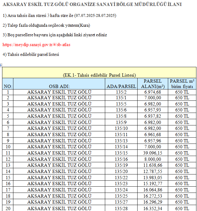 ORGANİZE SANAYİ BÖLGESİ ARSA TAHSİS İLANI