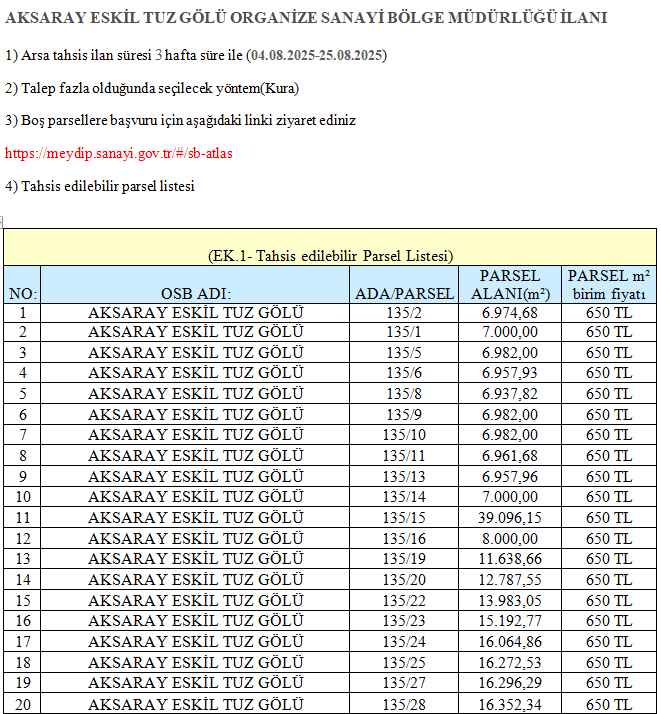 ORGANİZE SANAYİ BÖLGESİ ARSA TAHSİS İLANI