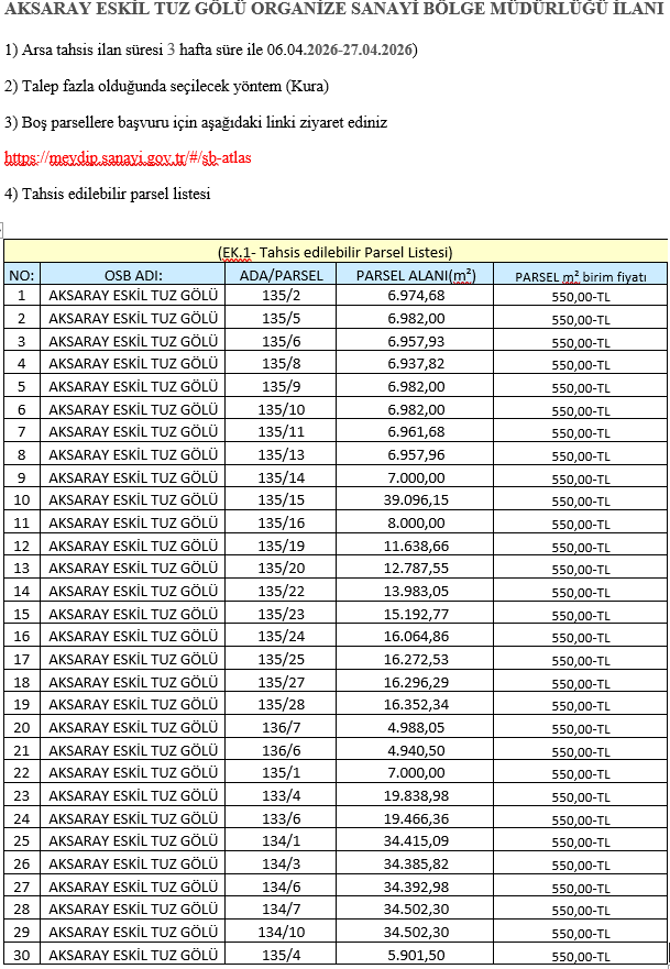 ORGANİZE SANAYİ BÖLGESİ ARSA TAHSİS İLANI