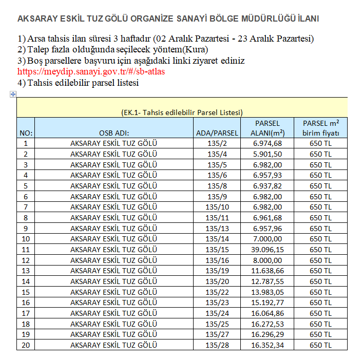 ORGANİZE SANAYİ BÖLGESİ ARSA TAHSİS İLANI 